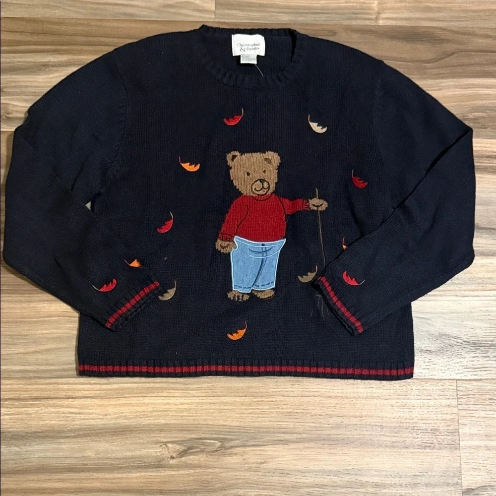 VTG Christopher & Banks Embroidered Bear Crew Neck Sweater Sz M Navy Blue - Picture 1 of 6